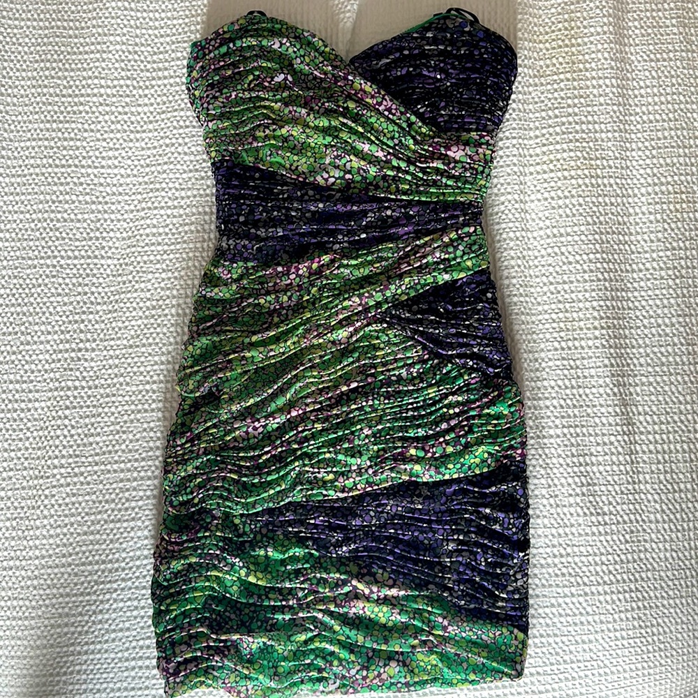 BCBG Max Azria - bodycon dress; Size 6 but runs small; purple and green